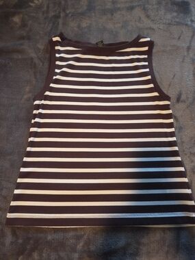 Tahari Brown and White Striped Ribbed Tank